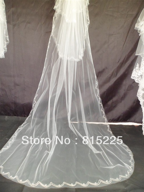 Free Shipping New Wedding Veil Bridal Veils Accessories Decoration Applique Three Edge Ribbon Edge Chapel Length Veils Tulle