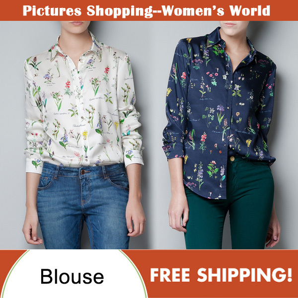 Free shipping! New women fashion long sleeve shirts flower printing casual chiffon loose blouses with metal collar clip  #8662