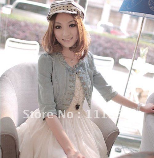 Free Shipping! New Women Fashion Small Shawl Denim Jean Jacket Button Round Neck Coat