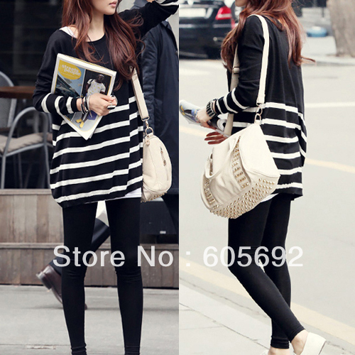 Free Shipping New Women Korean Stripe Knit Sweater Long Sleeve Loose Jumper Sweater Shirt Tops WS27