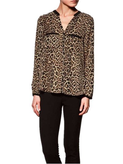 Free shipping,NEW women/ladies' fashion Korea style Chiffon print V Neck turn-up cuff thin long sleeve leopard shirt/blouse,Q119