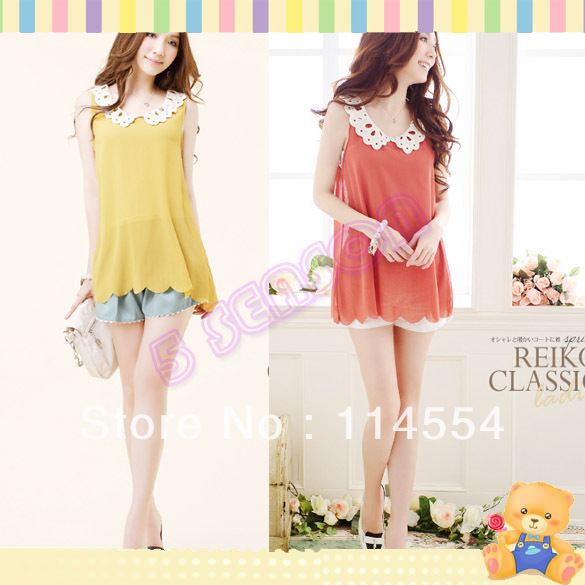 Free Shipping New Women Ladies Jacquard Weave Collar Sleeveless Chiffon Blouse Top 11079