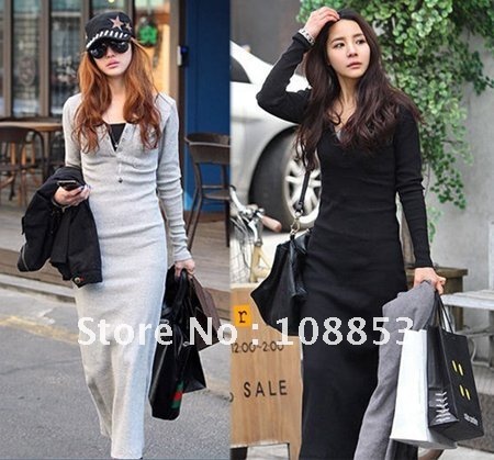 Free Shipping New Women Ladies Korea Fashion  Autumn Sweet Long Sleeve V Neck Slim Maxi  Long Dress