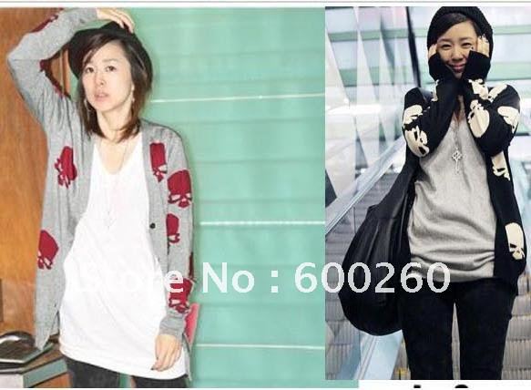 Free shipping New Women Long V-Neck Skull Trendy Knit Sweater Cardigan 2 Colors#5130