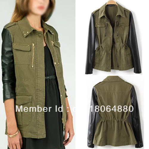 Free Shipping New Women Retro Military Green Faux Leather Sleeve Rivet Collar Slim Blazer Jacket Coat WCT118