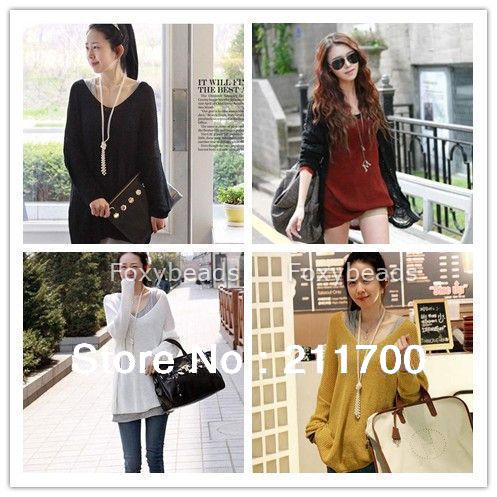 Free Shipping New Women's Batwing Sleeve V-Neck Slouchy Knitted Pullover Jumper Loose Long Sweater Blouse Top 5 Colors