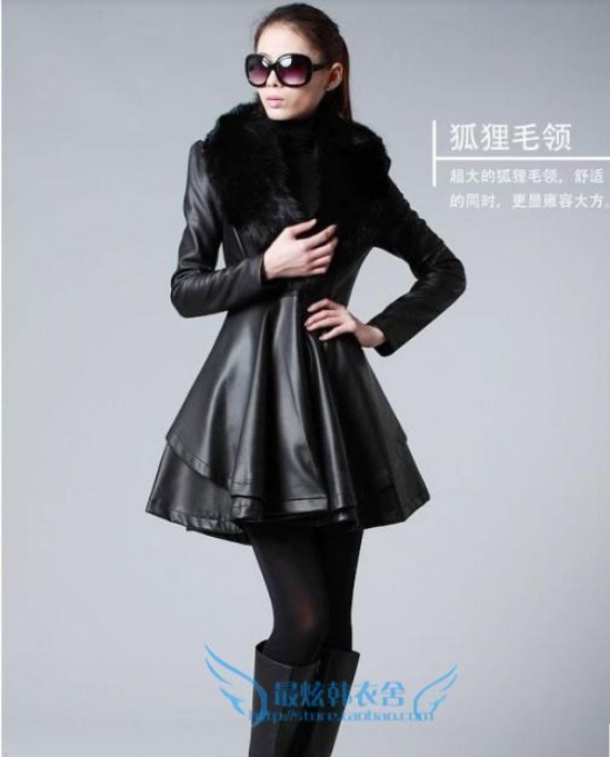 Free shipping New Women's brand fashion casual Top quality leather jacket  fur collar Locomotive long leather coat  / M-4XL