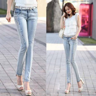Free shipping new  women's distrressed mill white embedded diamond pencil pants skinny women's jeans pants