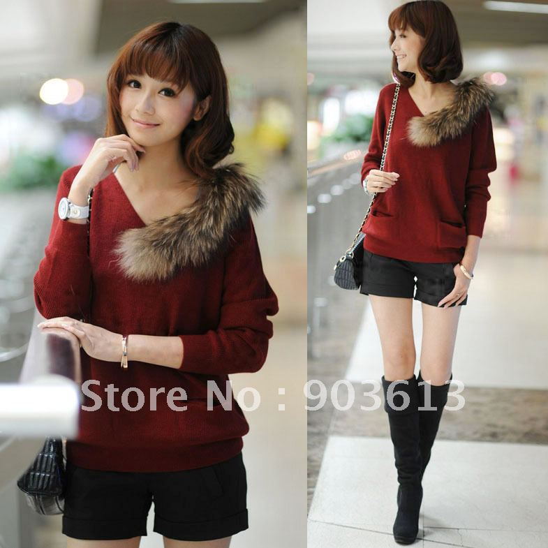 Free shipping new women's fashion all match long sleeve v-neck fox fur collar plus size loose knitwear sweater pullover