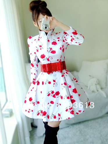 Free shipping new women's fashion elegant rose print stand collar pure cotton plus size slim trench overcoat S-XL