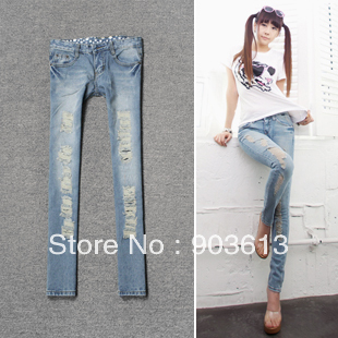 Free shipping new women's fashion Excellent waterwash wearing hole retro color light blue pencil pants skinny pants jeans