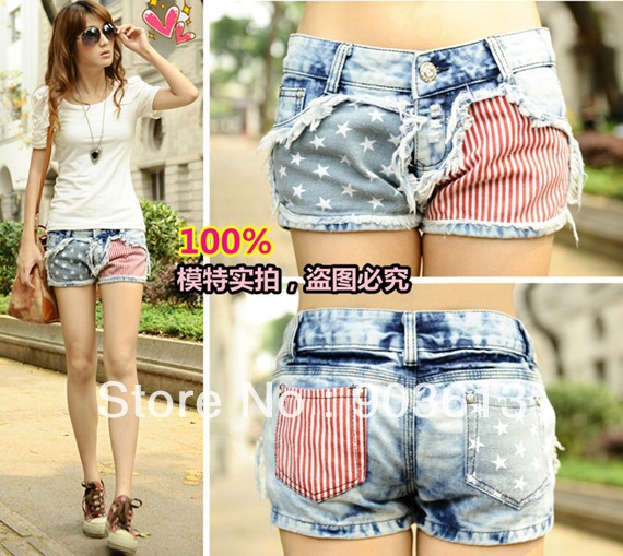 free shipping new women's fashion over hip patchwork stripe star all match denim shorts hot shorts patns