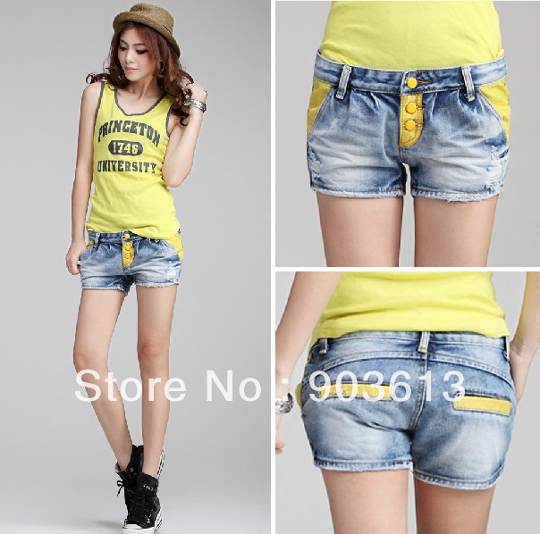 free shipping new women's fashion patchwork candy color breasted hole all match denim shorts slim hot shorts pants