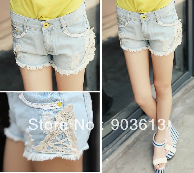 free shipping new women's fashion patchwork lace hole tassels all match denim shorts slim hot shorts pants