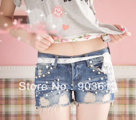 free shipping new women's fashion pearl beading hole lace lacing denim shorts hot shorts pants