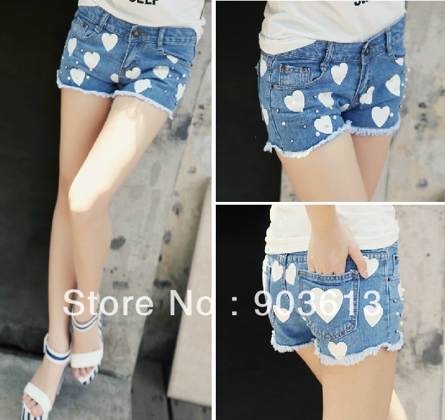 free shipping new women's fashion pearl love heart tassels all match denim shorts slim hot shorts pants