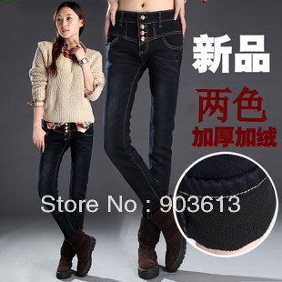 Free shipping new women's fashion winter breasted mid waist plus velvet plus size thickening pencil pants skinny jeans
