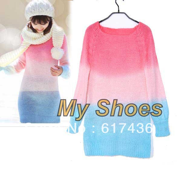 free shipping New Women's Gradient Colors stripe Knit Knitwear Sweater Coat Top Outerwear 2 Colors 7738