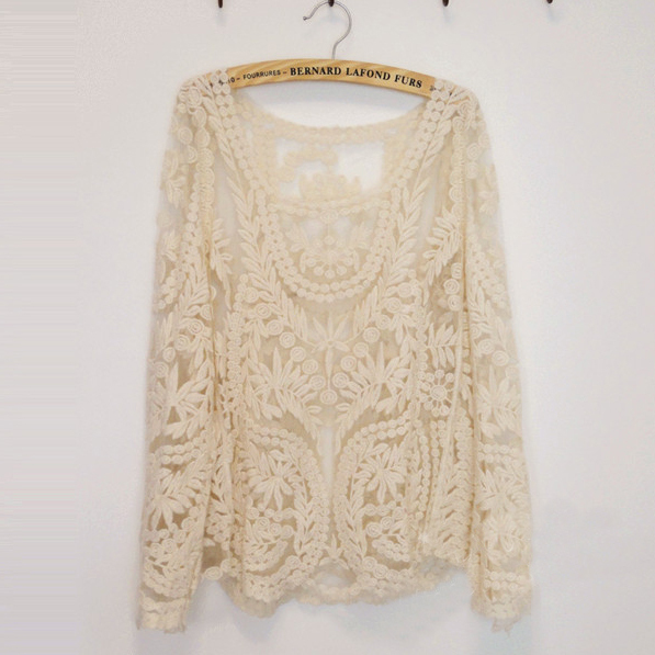 Free Shipping New Women's Lace Beige Retro Floral Knit Top Long Sleeve T Shirt Hollow out Pullover Blouse WS1008