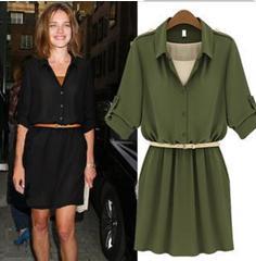Free Shipping New Women's Summer New Fashion Short-sleeve Dress waist belt lapel long sleeve dressF30