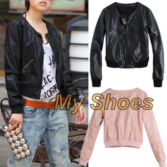 Free shipping New Women's Zipper PU Leather Jacket Lady Coat Outerwear Black, Pink 7741