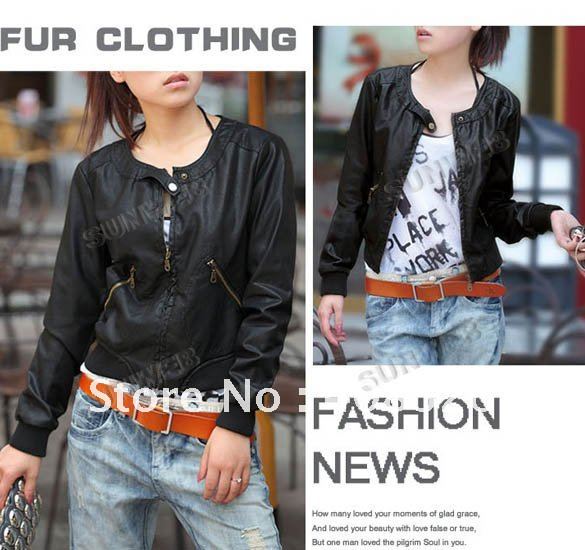 Free shipping New Women's Zipper PU Leather Jacket Lady Coat Outerwear Black, Pink  7741