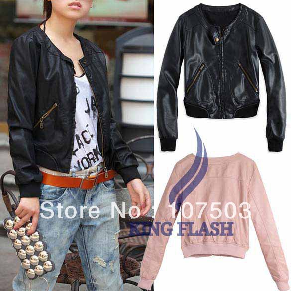 Free shipping New Women's Zipper PU Leather Jacket Lady Coat Outerwear Black, Pink 7741