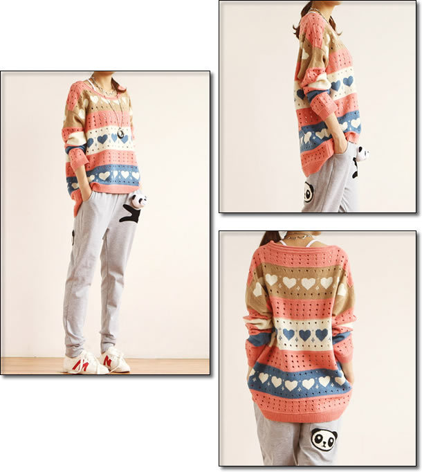 Free Shipping New Women Sweater Heart Rainbow Stripe Pattern Knitted Sweater Hollow-out Loose Pullover