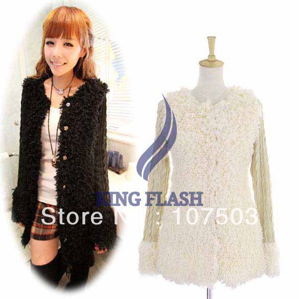 Free shipping New Women Sweet Plush Berber Fleece Twist Sleeve Long Coat Tops Jacket Cardigan 2Colors 9273