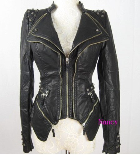 free shipping New Womens Punk Spike Studded Shoulder PU Leather Jacket Zipper coat Size S-XL