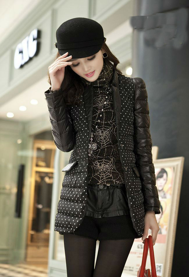 Free Shipping~ newest  Fashion Korean Slim Long-sleeve PU+Dot pattern  ladies' thickened Cotton warm Winter Coat \outwear 13C1