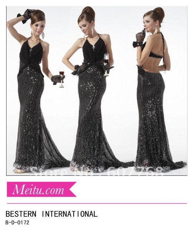 Free Shipping Newest Fashionable slim  halter off the shoulder sheath sexy V-neck with black color evening dress  B-D-0172