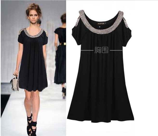 Free shipping,Newest loose dress, black  short sleeve dress, summer plus sizet dress ,beading collar