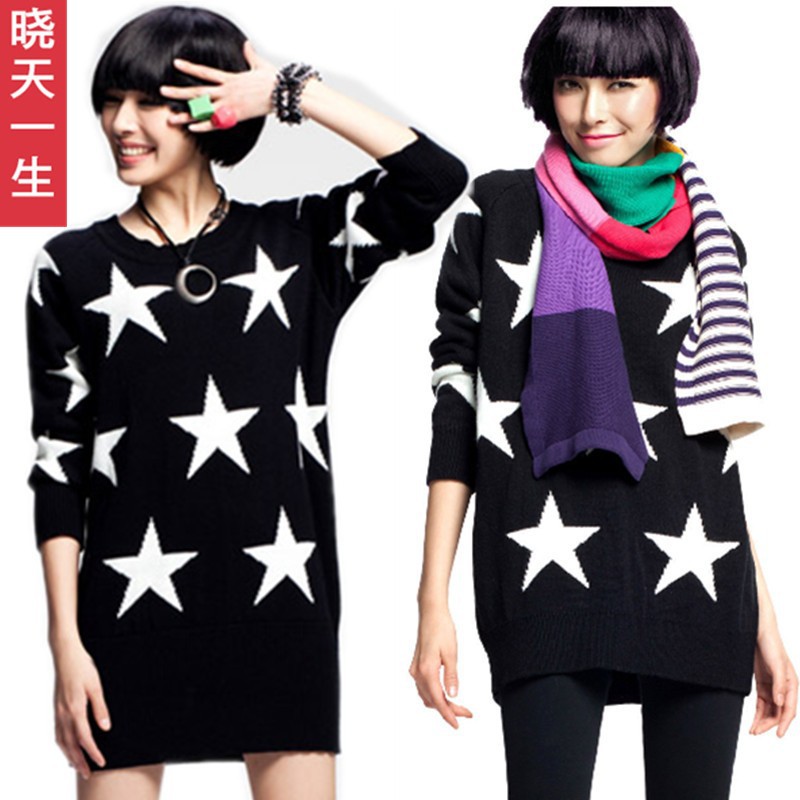Free Shipping!Newest Women Spring O-Neck Black Star Long Sleeve Fashion Long Bottoming Sweater Casual Pullover Thin Sweater