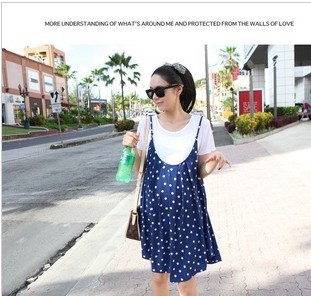 Free shipping newly style maternity dress blue polka dot fake two-piece dress T-shirt clothes for pregnant