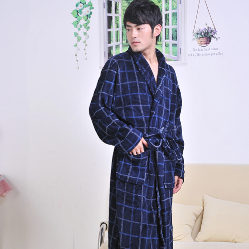 Free shipping! Newsluck coral fleece men's coral fleece sleepwear robe bathrobes lounge navy blue plaid