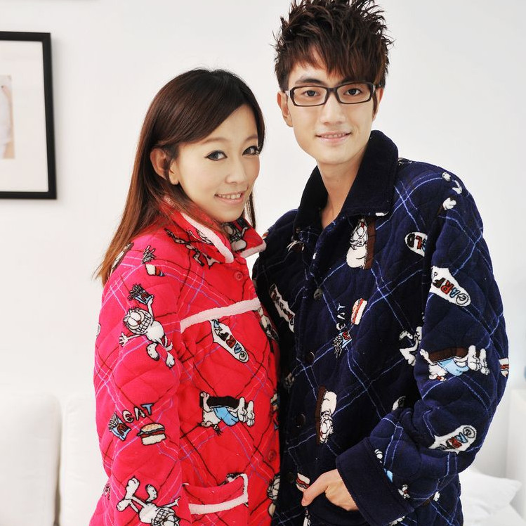 Free shipping! Newsluck lovers thickening coral fleece cotton-padded cartoon print lounge set cotton-padded jacket