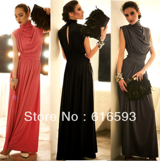 Free Shipping Noble Gorgeous Wrap Over Stand High Collar Pleated Waist Cotton Evening Maxi Dress Black/Red/Grey