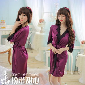 free shipping Noble satin lace decoration half sleeve robe women's sexy viscose smoothens lounge sleepwear 2674