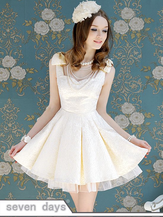 Free Shipping Noble Women Square-neck New Bowknot Slim Fit Embroidery Pure Color Tank Dress In White SL062021WI