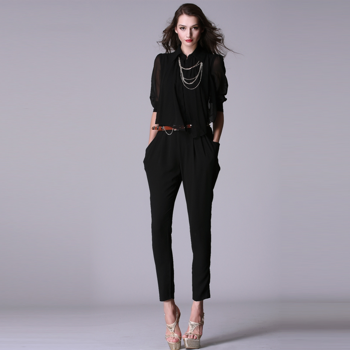 Free shipping Nordic winds2012 summer three quarter sleeve slim fashion chiffon harem pants jumpsuit