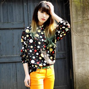 free shipping  Novelty Colorful Dot Print Women Blouse With Bat Sleeve hot sell