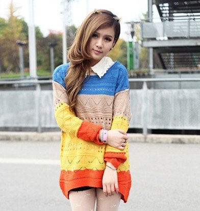 free shipping O-neck stripe color block  long-sleeve pullover rainbow color casual sweater