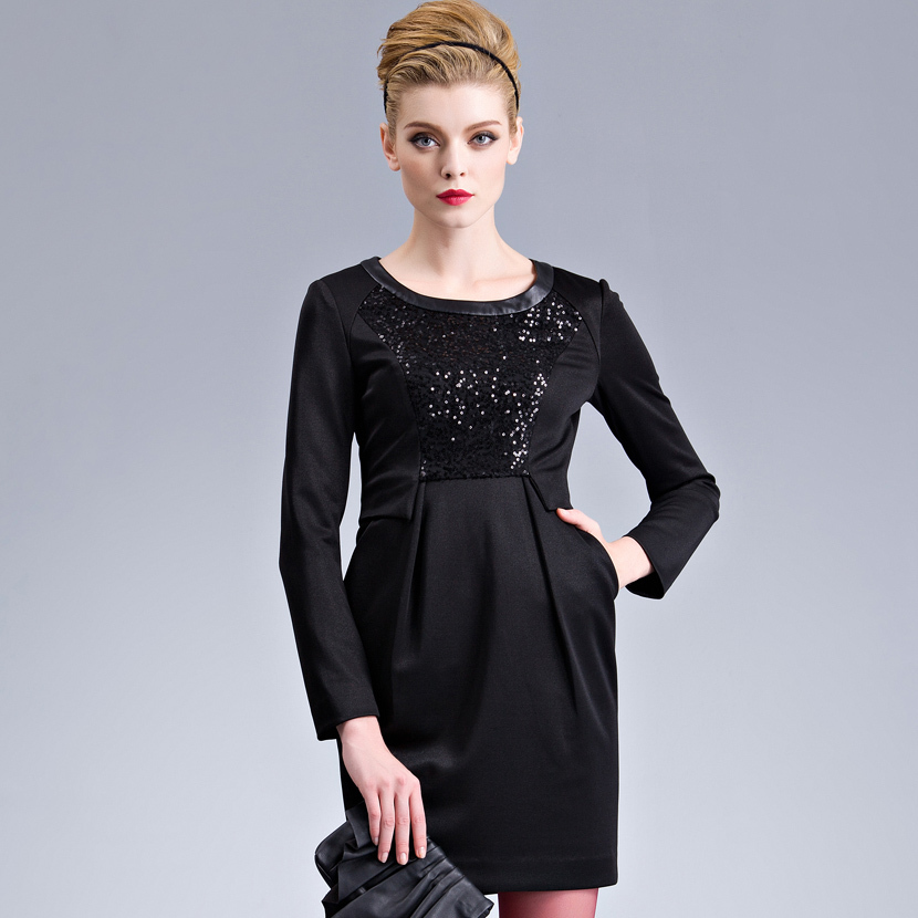 FREE SHIPPING October 2012 elegant legend commercial elegant paillette leather black long-sleeve 282742 one-piece dress