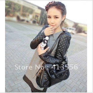 Free Shipping Of Jingjing show 2012 new autumn and winter dress stitching leather small fragrant style dress dot b159 ow