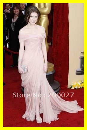 Free Shipping Off-the-shoulder Flower Designer Star Anna Kendrick Oscar Red Carpet Chiffon With Slit Flower Celebrity Dresses