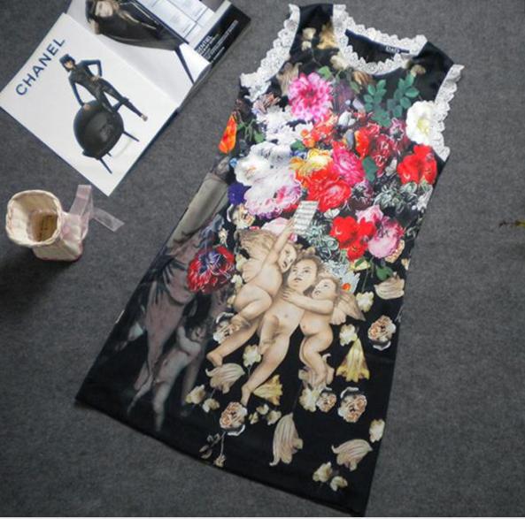 Free Shipping, Oil painting digital print elegant lace petal stand collar slim one-piece dress