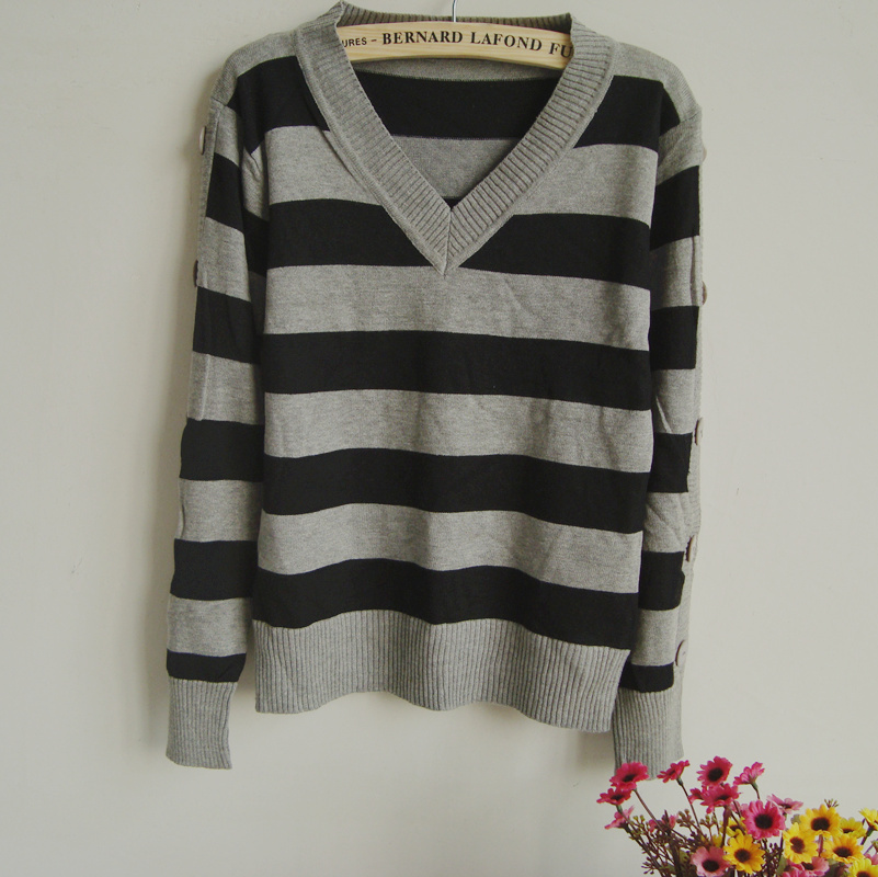 Free  shipping, Ol all-match brief V-neck stripe sweater pullover horizontal stripe long-sleeve button sweater cabbare