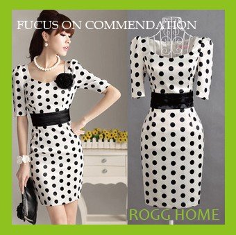 Free Shipping/OL commuter/women's dress/big dot/department belt/sleeves/dress/have pectoral flower/S,M,L,XL,XXL/RG120061