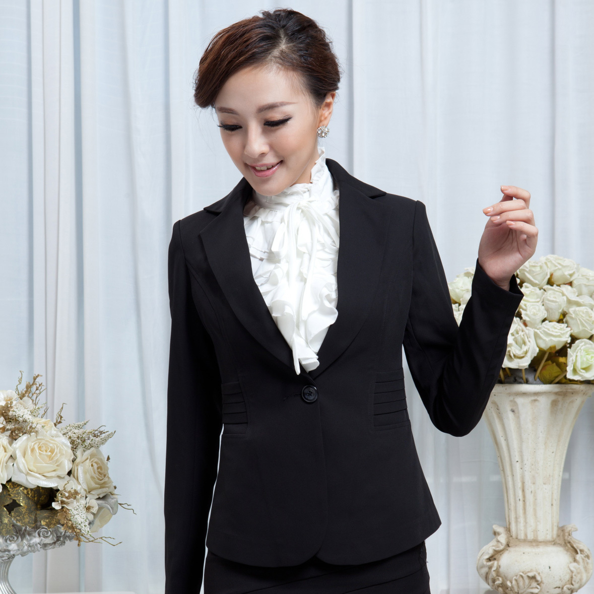 Free shipping Ol professional set white collar suit piece set professional set women's fashion black work wear